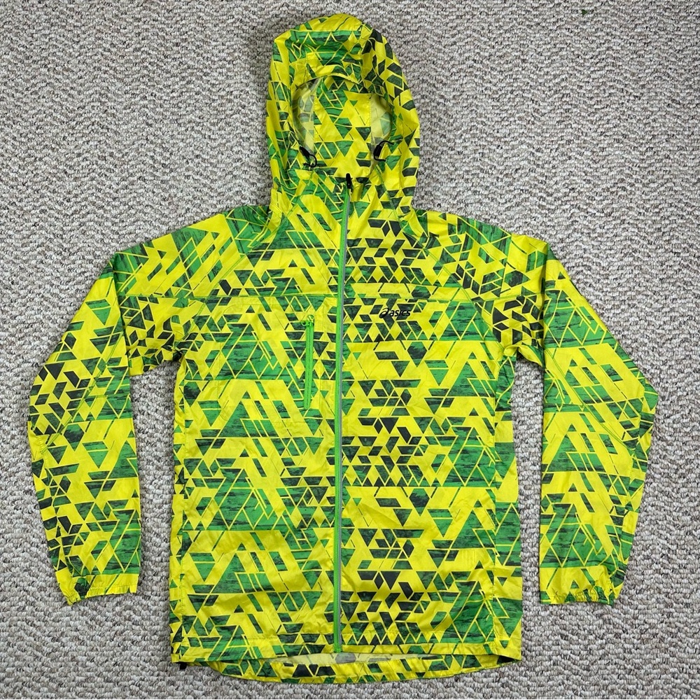 Asics Running Jacket Zip Up Windbreaker Green Yellow Geometric Size Small
